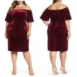 Eliza J Velvet‎ Off The Shoulder Ruffle Sleeve Cocktail Dress Burgundy Size 16